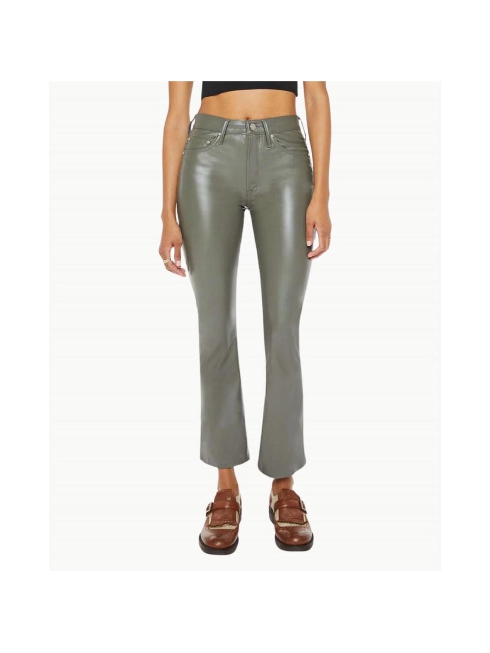MOTHER Insider Flood “Cinderblock” Olive Green Cropped Leather Pants size 27